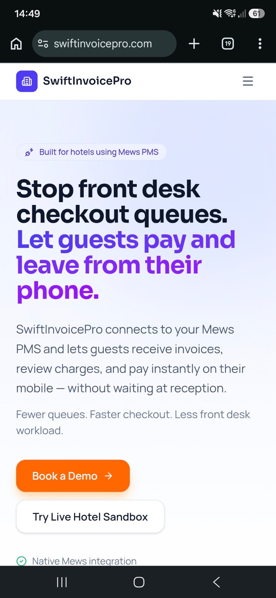 SwiftInvoicePro mobile checkout preview on a guest's phone